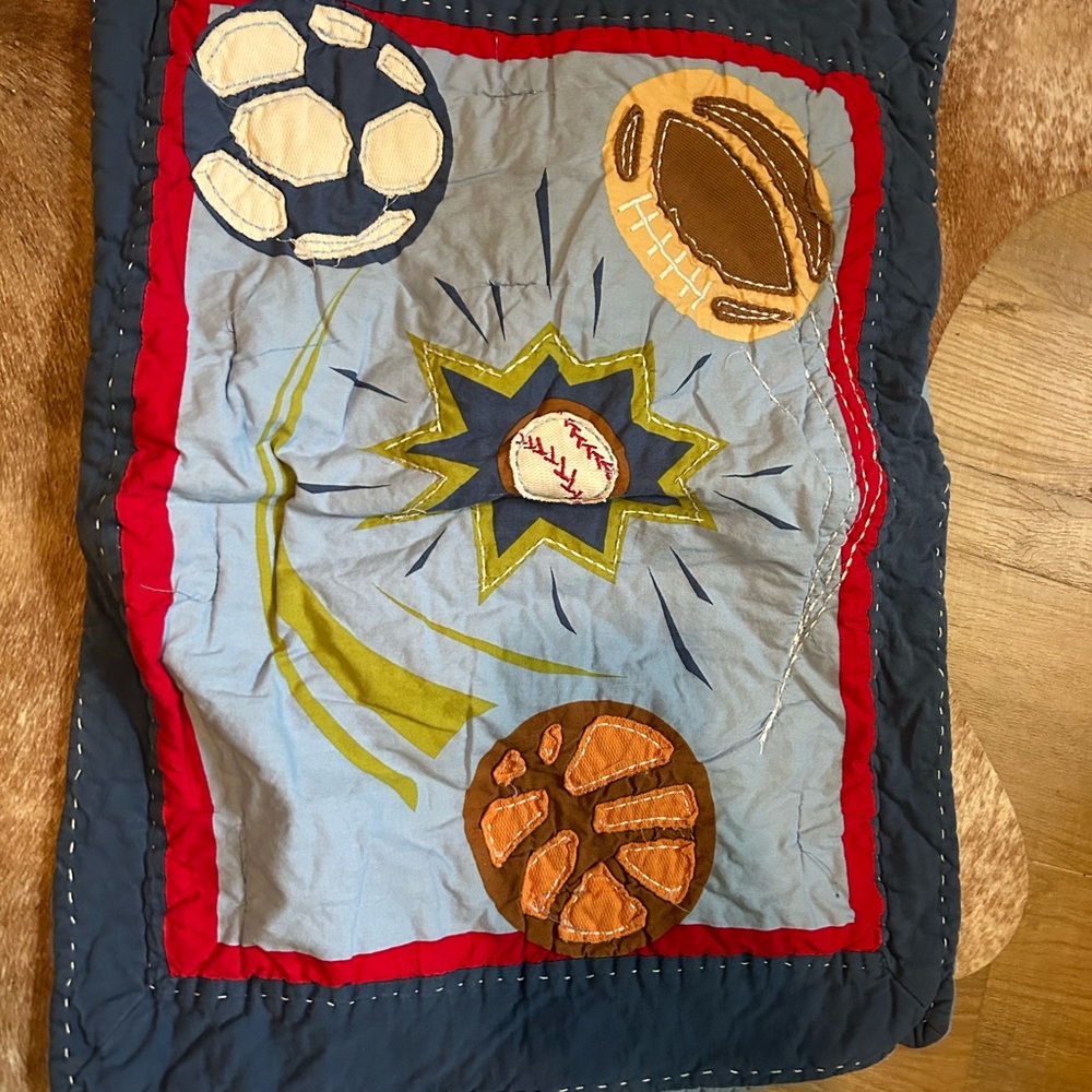 Vintage Quilted Pillow Sham Spots Circo Appliqué Blue Baseball Pillowcase
